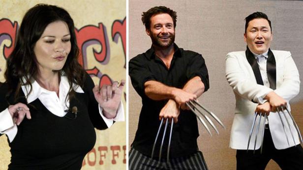 Catherine Zeta-Jones, Hugh Jackman und Psy posieren mit Wolverine-Klauen.