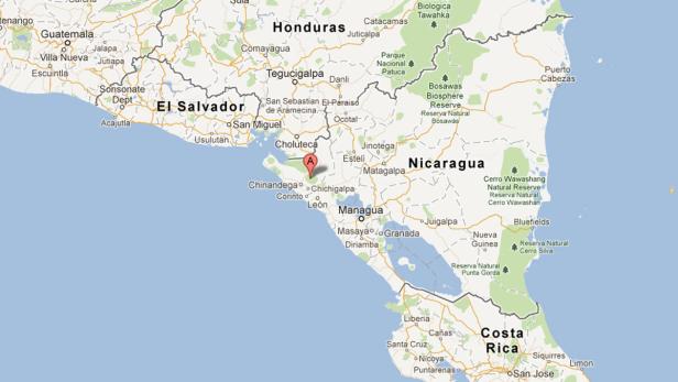 Eine Karte von Mittelamerika, die El Salvador, Honduras, Nicaragua und Costa Rica zeigt.