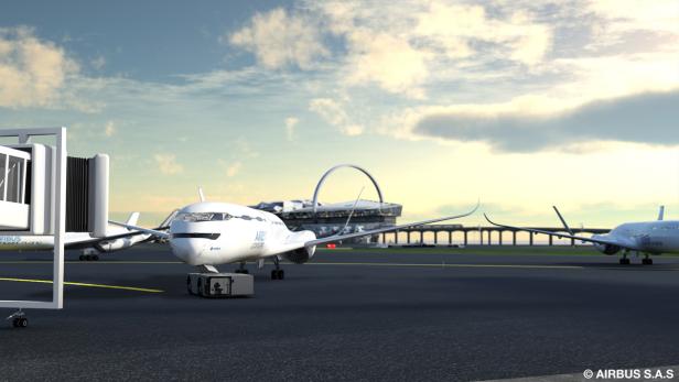 Ein Airbus-Flugzeug steht auf einem Rollfeld vor einem modernen Flughafengebäude.
