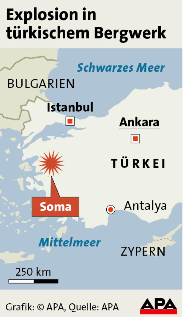 Eine Karte der Türkei, die den Ort Soma und die Städte Istanbul und Ankara zeigt. Eine Explosion wird in der Nähe von Soma dargestellt.