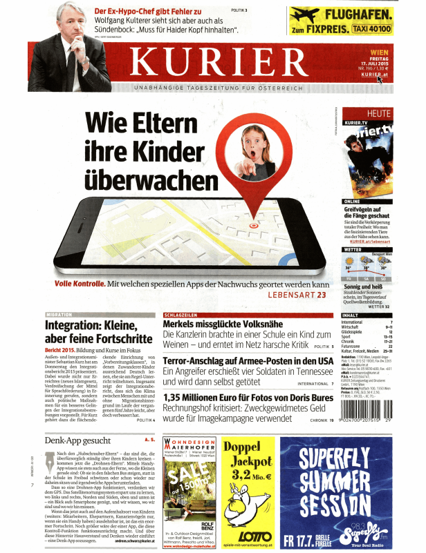 Titelseite des Kurier vom 17. Juli 2015 mit Artikeln über Eltern, die ihre Kinder überwachen.