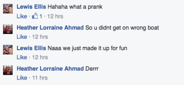 Ein Screenshot von einem Facebook-Post mit Kommentaren von Lewis Ellis und Heather Lorraine Ahmad.