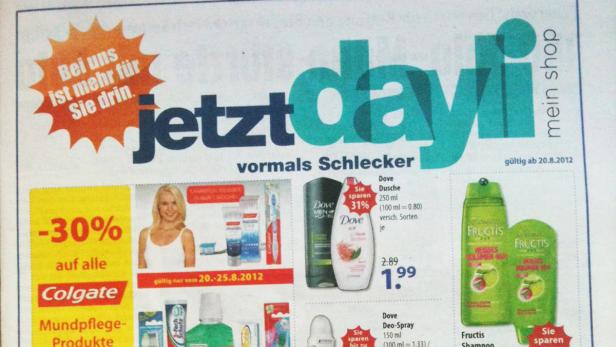 dayli: Jetzt erstmals inseriert Eine Werbung für Dayli (vormals Schlecker) mit Angeboten für Colgate, Dove und Fructis.