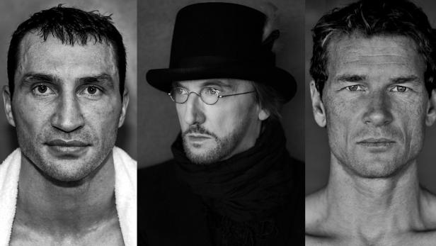Schwarzweißporträt von drei Männern: Wladimir Klitschko, Campino und Andreas Gursky.