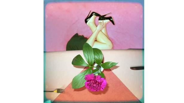 Ein surrealistisches Stillleben mit Beinen in High Heels, einer Nelke und einer Gabel.