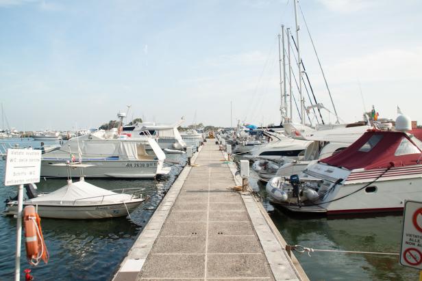 Blick auf einen Bootsanleger mit verschiedenen Booten und Yachten.
