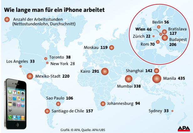 Eine Weltkarte zeigt, wie viele Arbeitsstunden man in verschiedenen Städten für ein iPhone benötigt.
