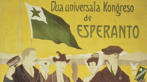 Ein Plakat für den „Dua Universala Kongreso de Esperanto“ mit einer Esperanto-Flagge und mehreren Personen.