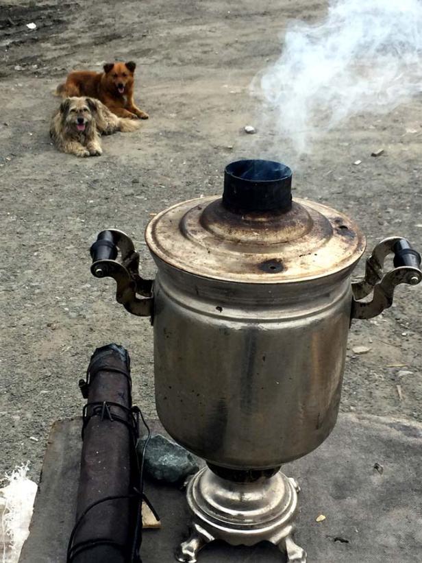 Ein Samowar steht im Freien, im Hintergrund liegen zwei Hunde.