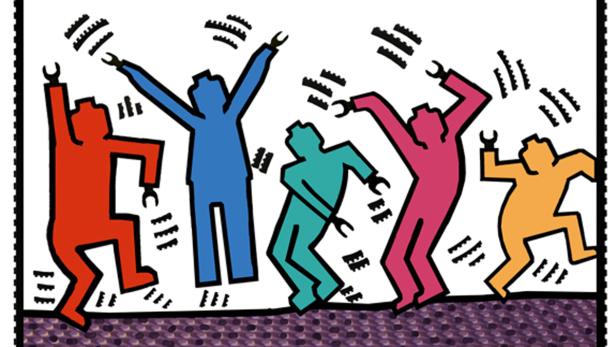 Eine stilisierte Darstellung von tanzenden, bunten Figuren.