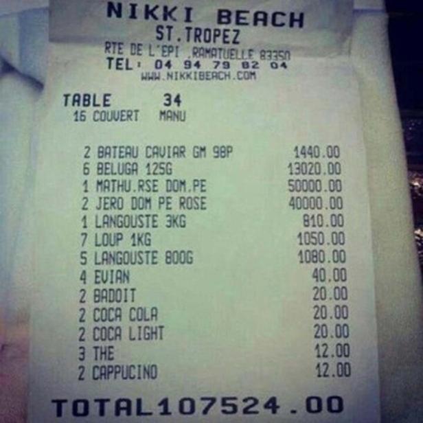 Eine Rechnung von Nikki Beach in St. Tropez mit einer Gesamtsumme von 107.524,00 €.