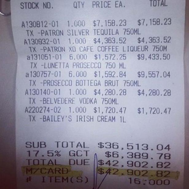 Eine Quittung listet verschiedene Spirituosen und Liköre mit einem Gesamtbetrag von 42.902,82 Dollar auf.
