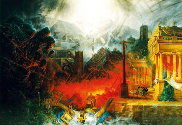 Ein Gemälde, das eine zerstörte Stadt mit brennenden Ruinen und klassischen Gebäuden zeigt.