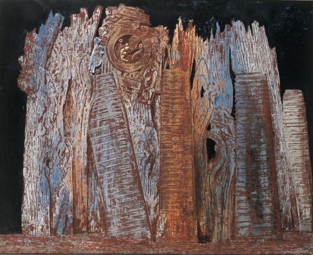 Abstrakte Darstellung einer Stadtlandschaft mit Holzelementen und ornamentalen Details.