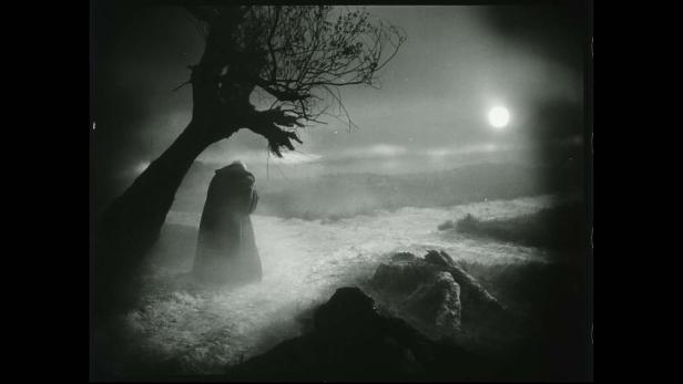 Eine in einen Mantel gehüllte Person steht nachts unter einem Baum.