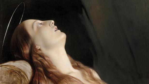 Das Gemälde zeigt eine Frau mit Heiligenschein, die ihren Kopf in den Nacken gelegt hat.