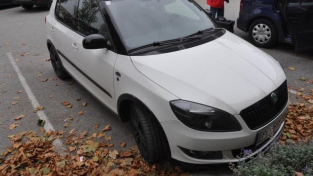 Ein weißer Škoda Fabia parkt auf einem Parkplatz mit Herbstlaub.