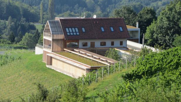 Ein modernes Haus mit begrüntem Dach inmitten einer grünen Landschaft.