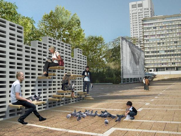 Menschen sitzen und stehen auf einer skulpturartigen Treppe, während ein Kind Tauben füttert.