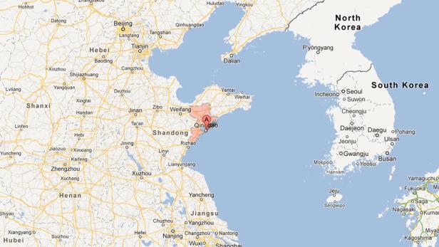 Eine Karte von Ostchina und Korea, auf der die Provinz Shandong hervorgehoben ist.