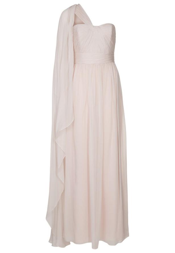 Ein langes, hellrosa Kleid mit einer einzelnen Schulter und fließendem Stoff.