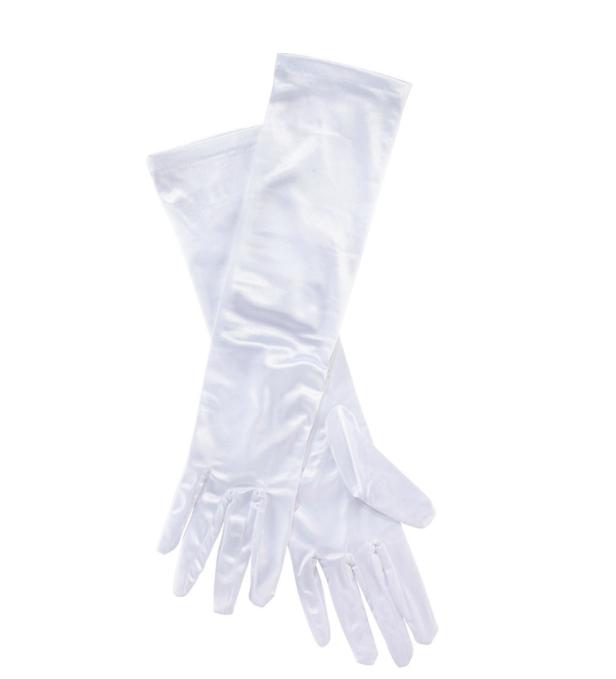 Ein Paar lange, weiße Satinhandschuhe liegen übereinander.