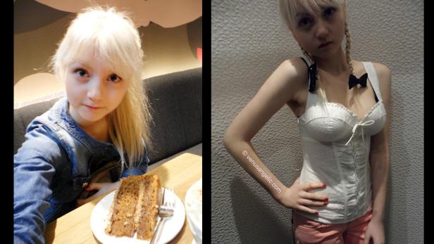 Ein zweigeteiltes Bild von Venus Angelic, einmal mit Kuchen und einmal posierend.