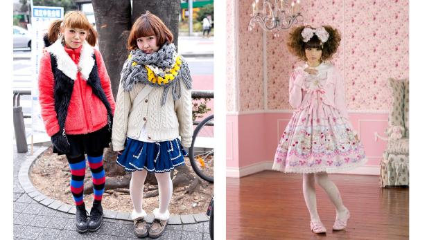 Zwei junge Frauen im Harajuku-Stil und eine junge Frau im Lolita-Stil posieren für ein Foto.