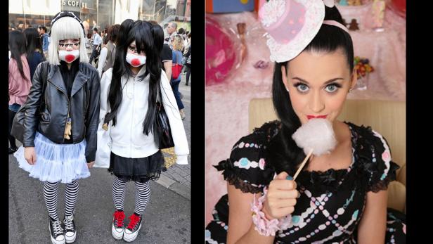 Zwei junge Frauen im japanischen Harajuku-Stil mit auffälligen Masken und Kleidung. Auf der rechten Seite ist Katy Perry zu sehen.