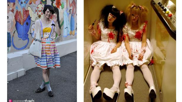 Zwei kontrastierende Modestile: ein farbenfrohes Outfit und zwei Mädchen in blutverschmierten Kleidern.