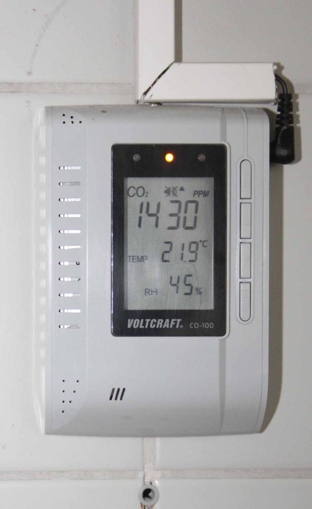 Ein CO2-Messgerät von Voltcraft zeigt einen Wert von 1430 ppm, 21,9 Grad Celsius und 45% Luftfeuchtigkeit an.