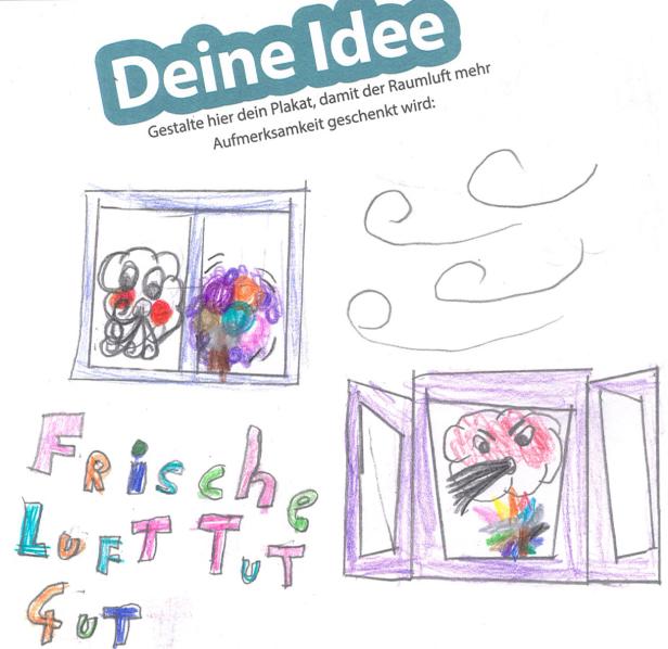 Eine Kinderzeichnung mit dem Slogan „Frische Luft tut gut“ und zwei Fenstern mit Wolken darin.