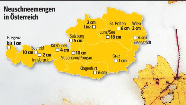 Eine Karte von Österreich zeigt die Neuschneemengen in verschiedenen Städten.