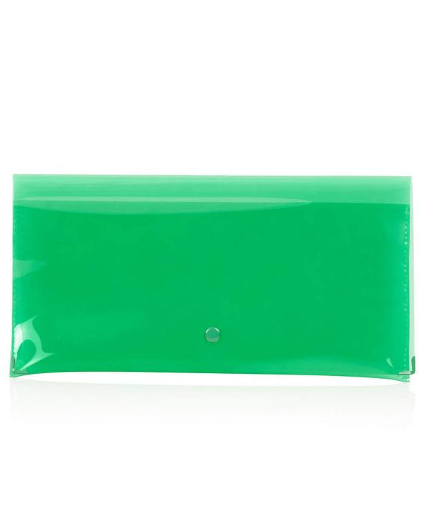 Eine grüne, transparente Dokumentenmappe mit einem Druckknopfverschluss.