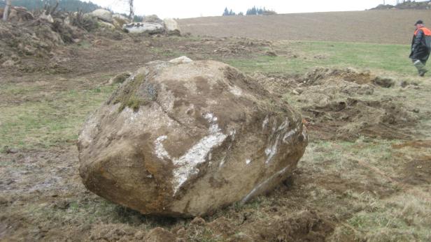 Ein großer Felsblock liegt auf einem Feld.