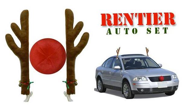 Ein Rentier-Auto-Set mit Geweih und roter Nase für die festliche Dekoration eines Autos.