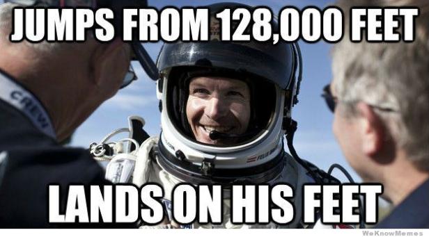 Felix Baumgartner kurz vor seinem Sprung aus über 39.000 Metern Höhe.