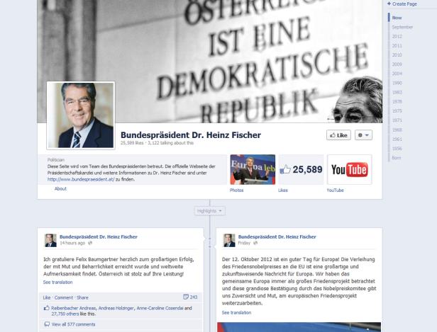 Ein Facebook-Screenshot der Seite von Bundespräsident Dr. Heinz Fischer.