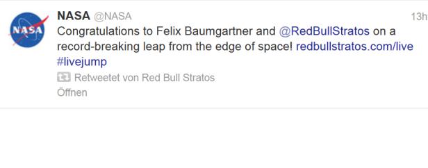 NASA gratuliert Felix Baumgartner und @RedBullStratos zu einem Rekordsprung vom Rande des Weltraums.