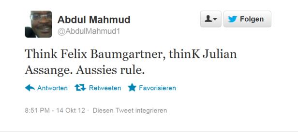 Ein Screenshot eines Tweets von Abdul Mahmud, der Felix Baumgartner und Julian Assange erwähnt.
