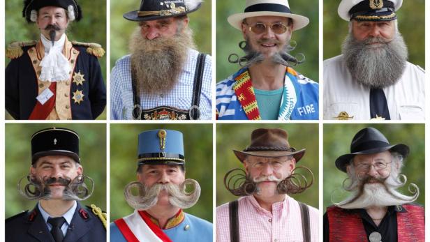 Eine Collage von Männern mit aufwendigen Bärten und Schnurrbärten, die an einem Bartwettbewerb teilnehmen.