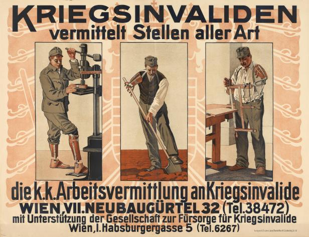 Ein Plakat wirbt für die Arbeitsvermittlung für Kriegsinvaliden in Wien.