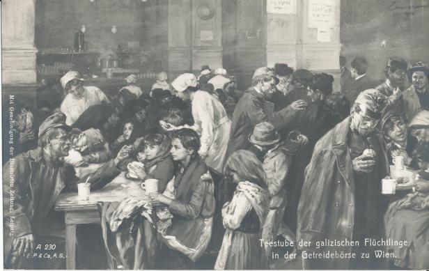 Teestube der galizischen Flüchtlinge in der Getreidebörse zu Wien.