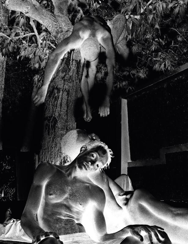 Ein Mann liegt, während ein anderer kopfüber von einem Baum hängt.