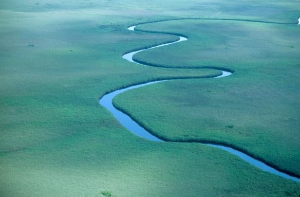 Luftaufnahme eines Flusses, der sich durch eine grüne Landschaft schlängelt.