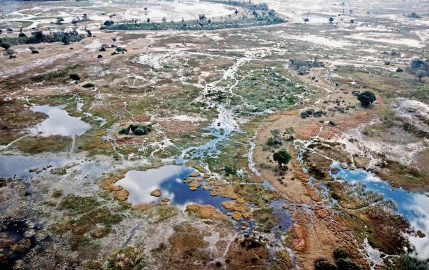 Luftaufnahme des Okavango-Deltas in Botswana mit Wasserläufen und Vegetation.