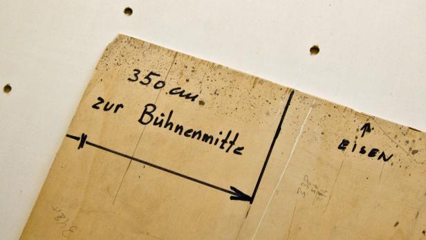 Eine Holzplatte mit der Aufschrift „350 cm zur Bühnenmitte“ und einer Pfeilmarkierung.