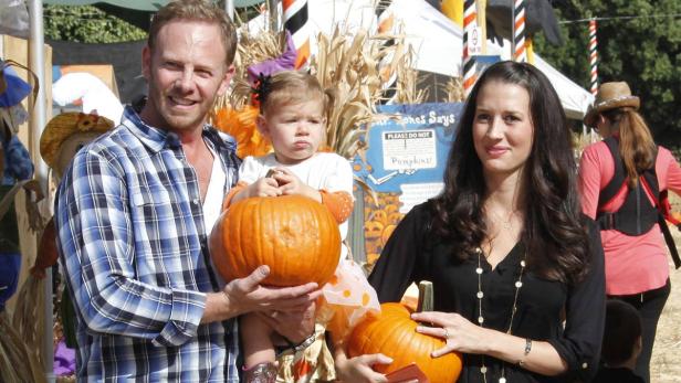 Eine Familie mit einem kleinen Kind hält Kürbisse auf einem Kürbisfeld.