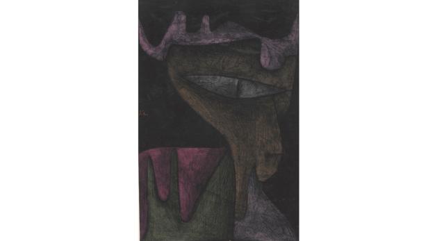 Ein abstraktes Porträt mit dunklem Hintergrund und geometrischen Formen in Braun-, Grün- und Lilatönen.