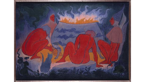 Drei rote, unbekleidete Figuren sitzen um einen brodelnden Kessel in einer Waldszene.